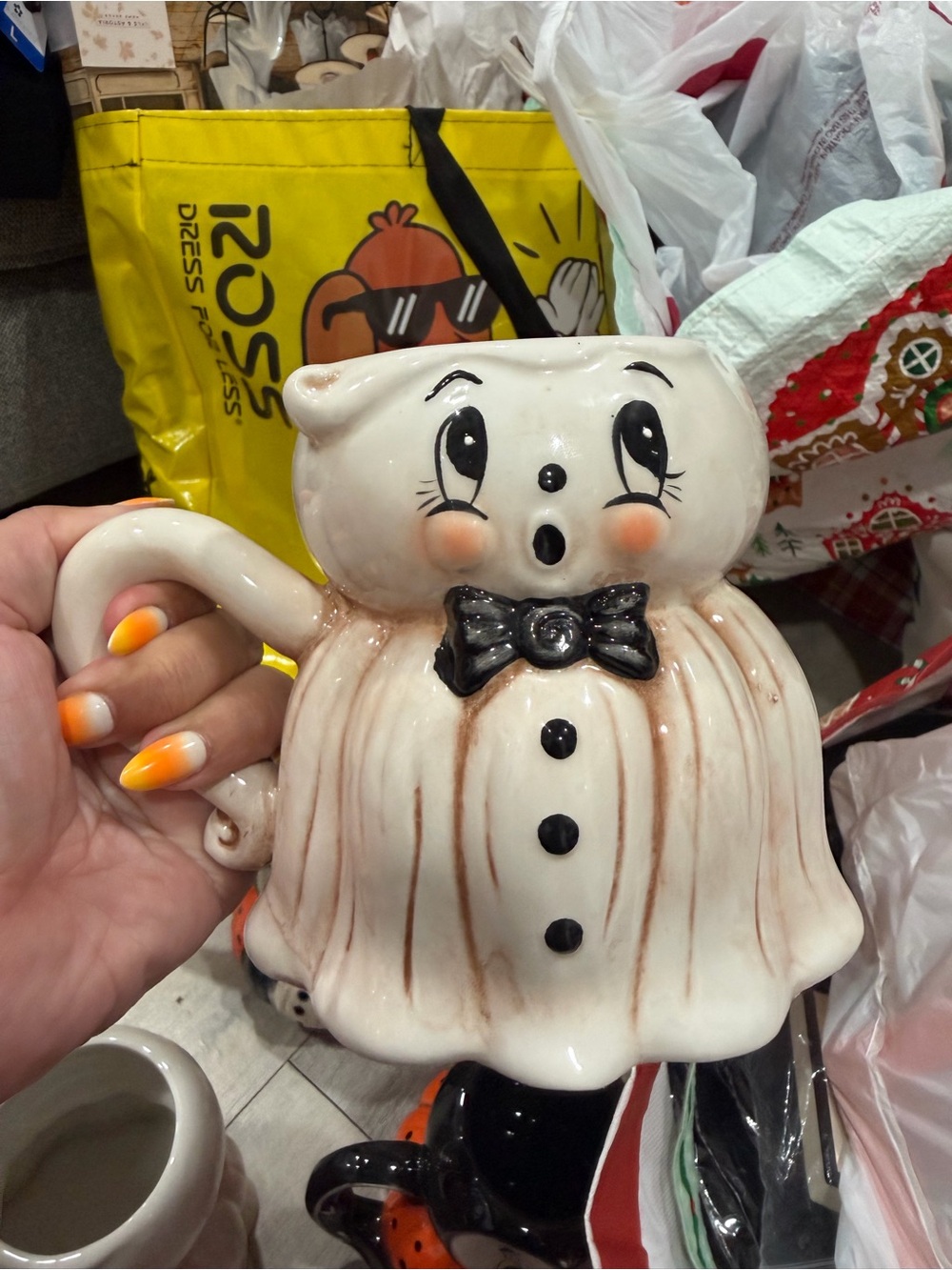 Cute White Johanna Parker Ghost Ceramic Mug with Black Bow Tie